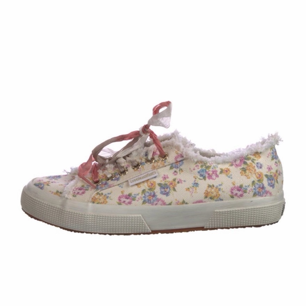 Superga x LoveShackFancy Floral Ribbon Sneakers Size 38 White Pink, SZ US 8
